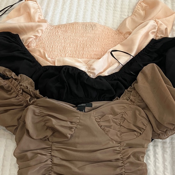 Forever 21 Tops - Bundle of 3 Forever21 crop Women's Ruched Tops - Black, Tan, and Creamy peach L